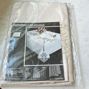 New Vintage Battenburg lace 68 round cotton table cloth‎ + 8 napkins Cream